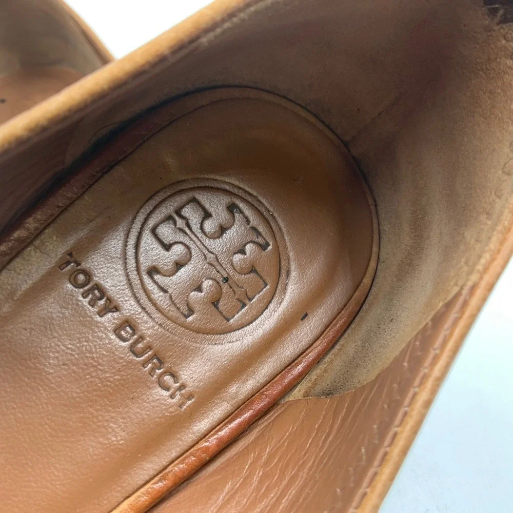 Tory Burch Tan Leather Ballet Flats with Gold Logo Medallion - Classic